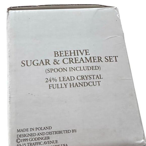 Shannon by Godinger 24% Lead Crystal Beehive Sugar/Creamer/Spoon Set-NEW in Box! - Picture 9 of 9